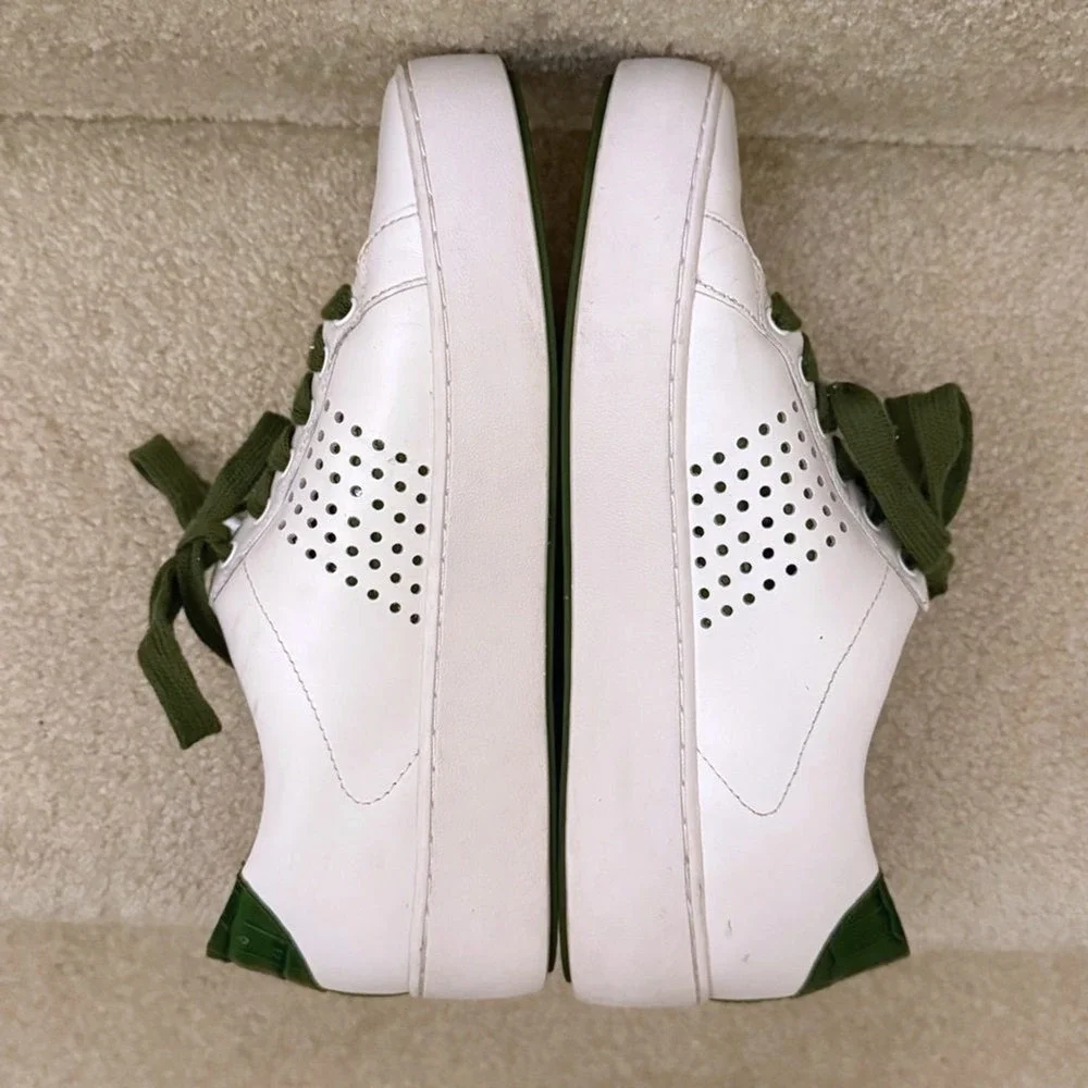 Michael Kors White Leather Low Top Sneakers Green Croc Trim Perforated Womens 8M